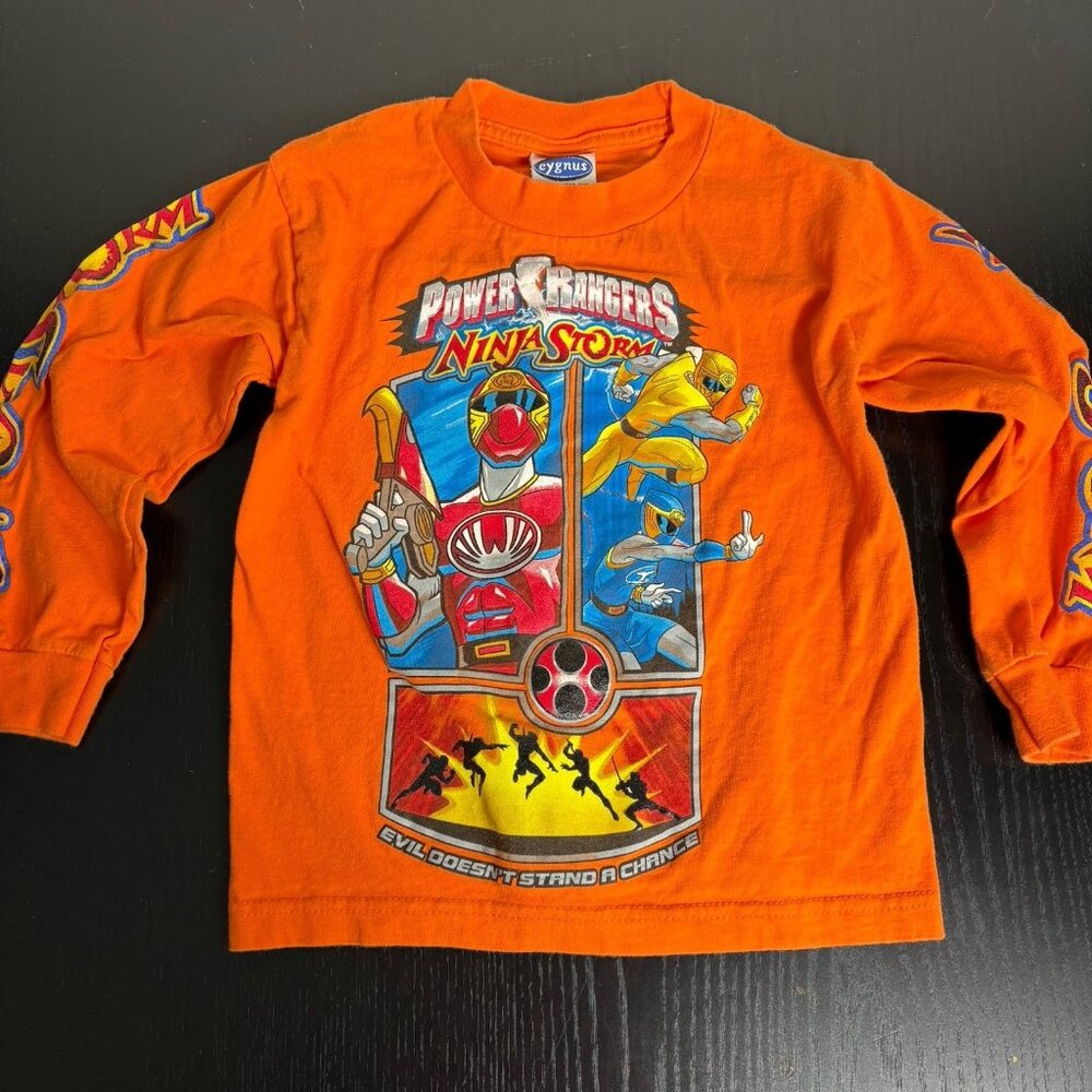 Vintage 90s POWER RANGERS Ninja Storm Boys Kids Small Orange T-Shirt Long Sleeve